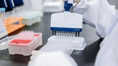 Scientist using a multichannel pipette to dispense samples into a 96 well microplate in a GLP bioanalytical lab, representing immunogenicity, PK, and biomarker assay workflows at Crystal Bio Solutions.
